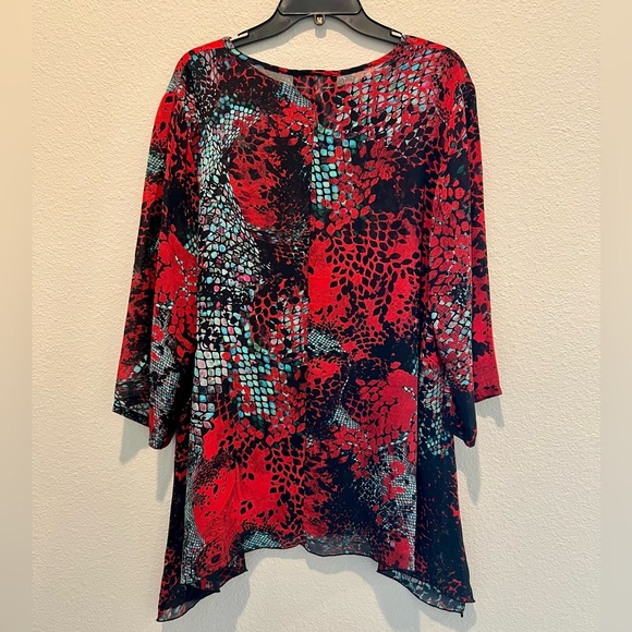 Carol Turner Semi Sheer Tunic Top Multicolor Snakeskin Print Shark Bite Hem L - Picture 5 of 6